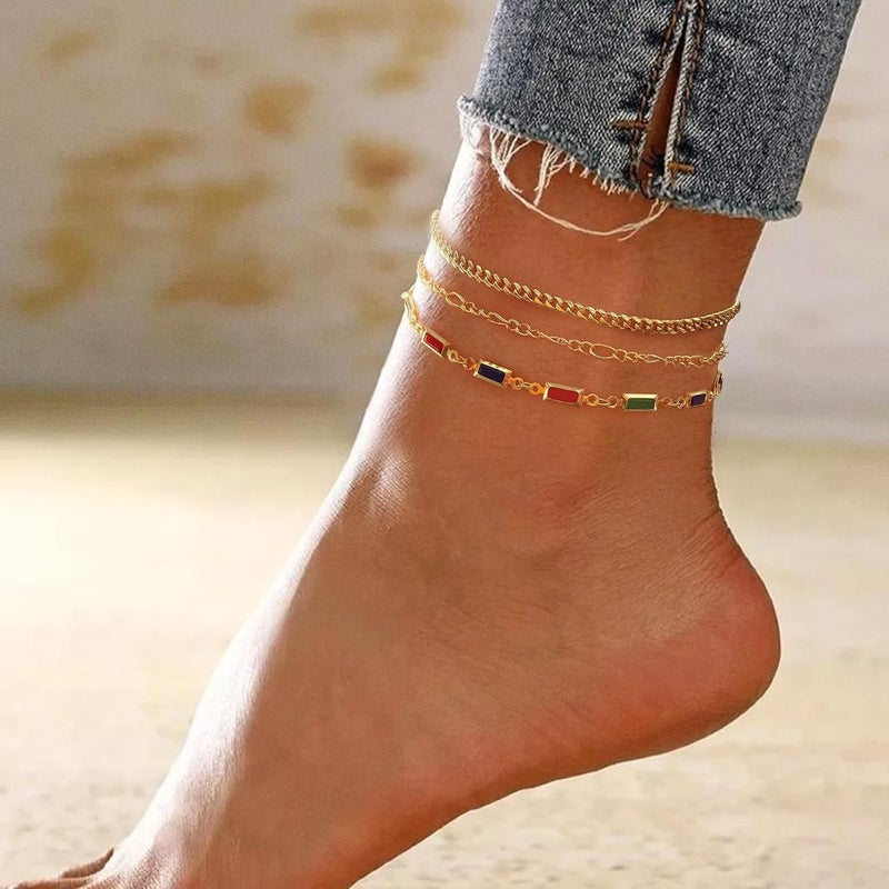 MIDEEO Gold/Silver Ankle Bracelets for Women,14K Gold Anklets for Women Waterproof Cuban Link Heart Beads Herringbone Rhinestone Anklets Set Layered Anklet Bracelets for Women Gold Jewelry Gift - Image 3